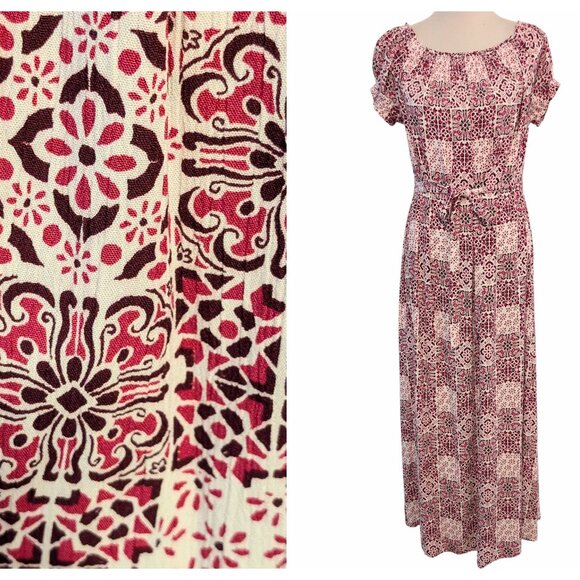 Ann Taylor Loft Womens Size M Maroon Pink Geometric Tile On/Off Shoulder Dress - Picture 1 of 10